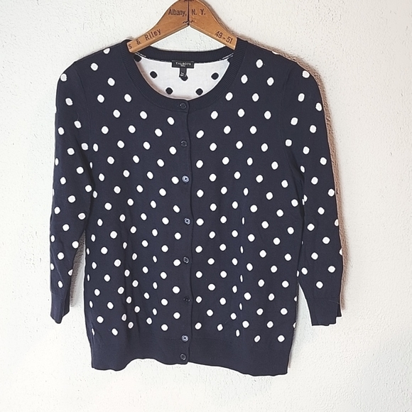 TALBOTS navy polka dot 3/4 sleeve cardigan, cotton and rayon, sz PL - Picture 1 of 7